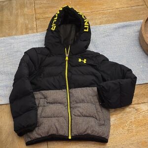 Under Armour Black and Gray Puffer Jacket with Yellow Accents
